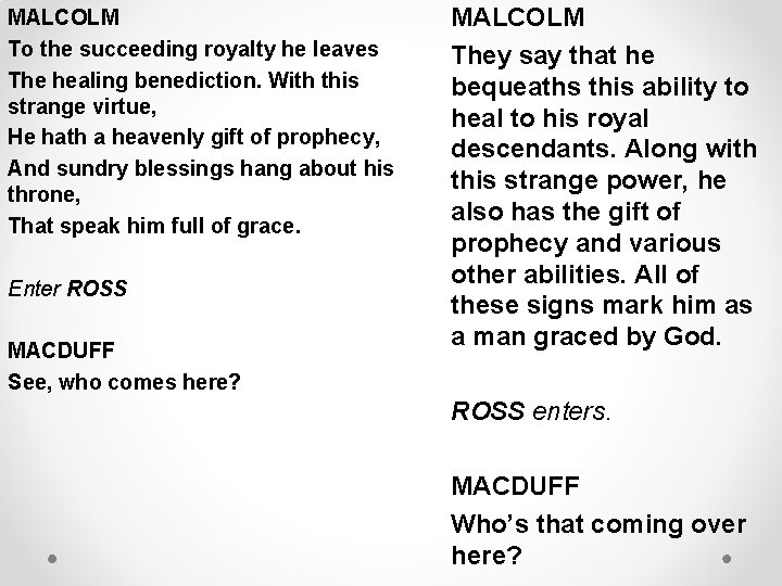 MALCOLM To the succeeding royalty he leaves The healing benediction. With this strange virtue,