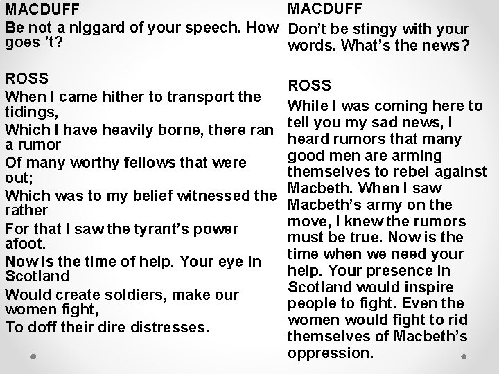 MACDUFF Be not a niggard of your speech. How Don’t be stingy with your