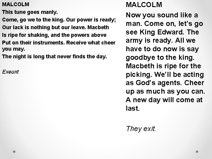 MALCOLM This tune goes manly. Come, go we to the king. Our power is