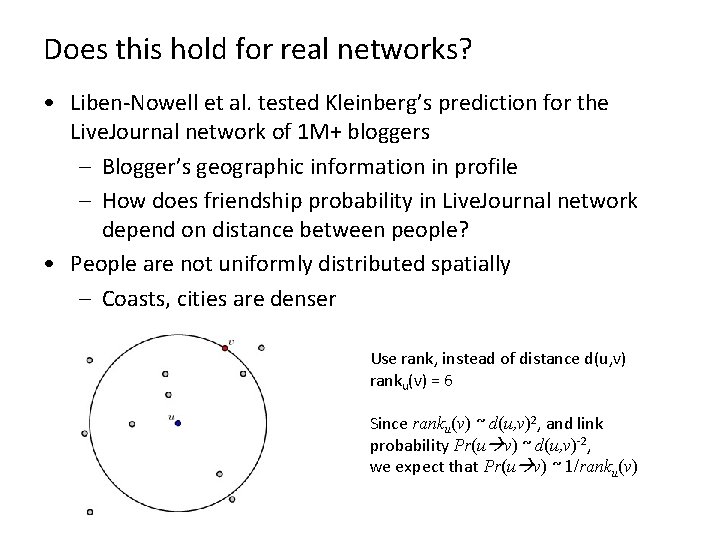 Does this hold for real networks? • Liben-Nowell et al. tested Kleinberg’s prediction for