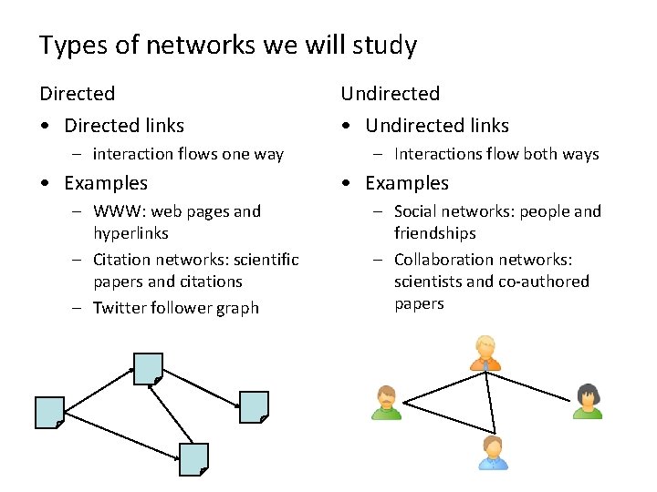 Types of networks we will study Directed • Directed links – interaction flows one