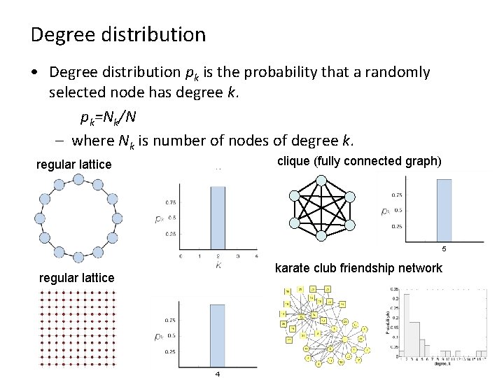 Degree distribution • Degree distribution pk is the probability that a randomly selected node