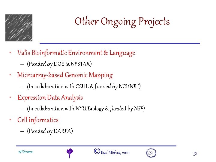 e. DNA Other Ongoing Projects • Valis Bioinformatic Environment & Language – (Funded by