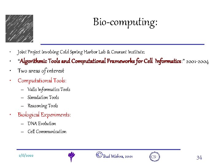 e. DNA • Bio-computing: Joint Project involving Cold Spring Harbor Lab & Courant Institute: