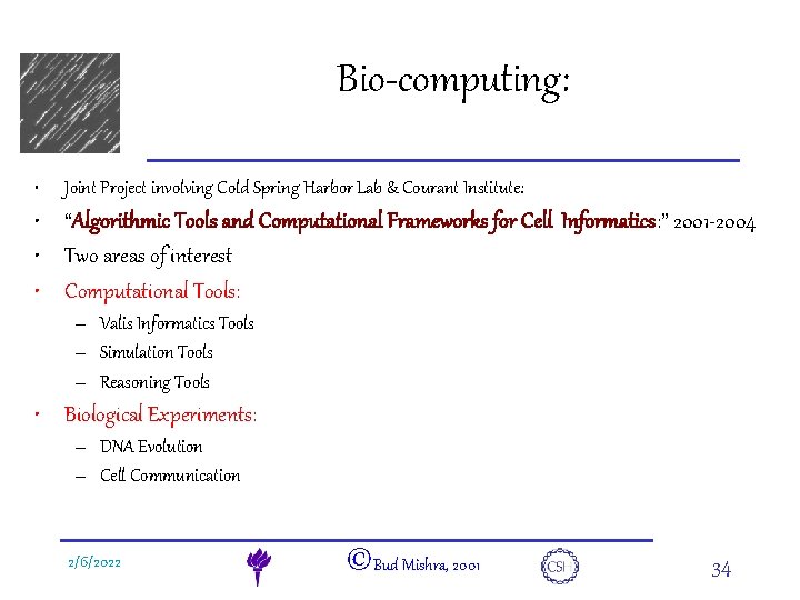 e. DNA • Bio-computing: Joint Project involving Cold Spring Harbor Lab & Courant Institute: