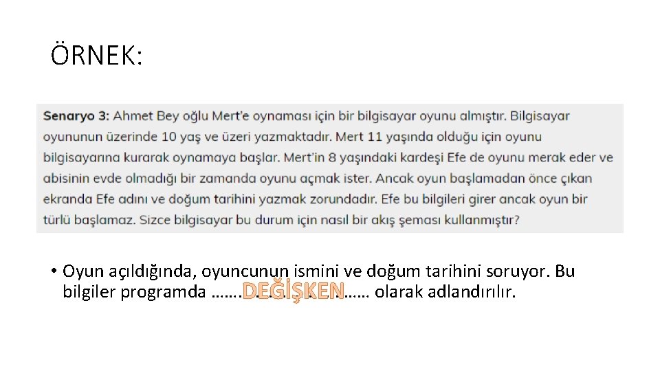 ÖRNEK: • Oyun açıldığında, oyuncunun ismini ve doğum tarihini soruyor. Bu bilgiler programda ………………