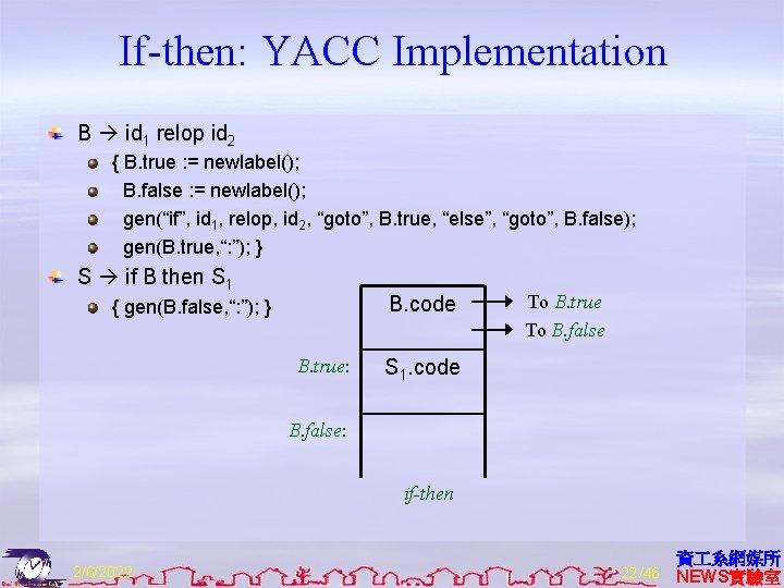 If-then: YACC Implementation B id 1 relop id 2 { B. true : =