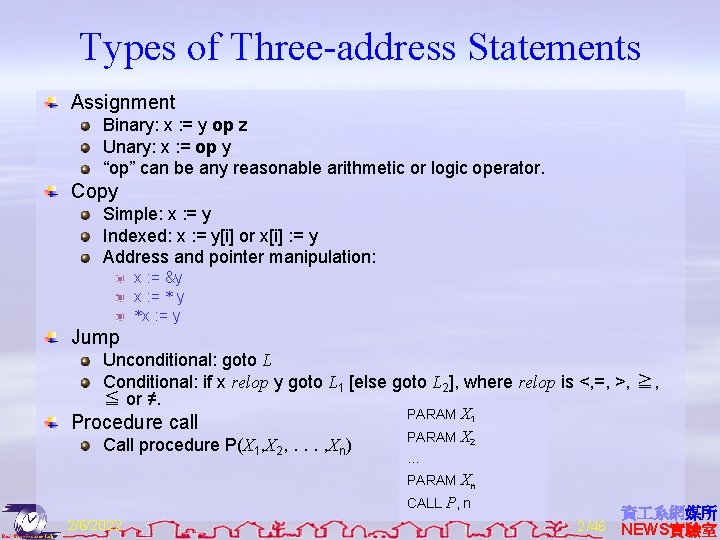 Types of Three-address Statements Assignment Binary: x : = y op z Unary: x