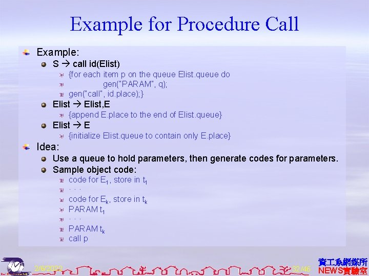 Example for Procedure Call Example: S call id(Elist) {for each item p on the