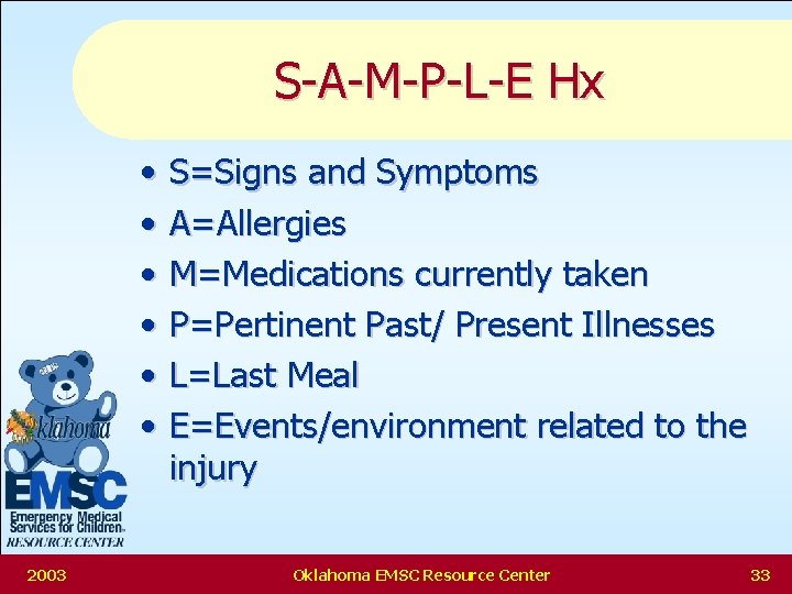 S-A-M-P-L-E Hx • • • 2003 S=Signs and Symptoms A=Allergies M=Medications currently taken P=Pertinent