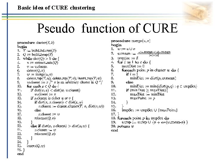 Basic idea of CURE clustering Pseudo function of CURE 