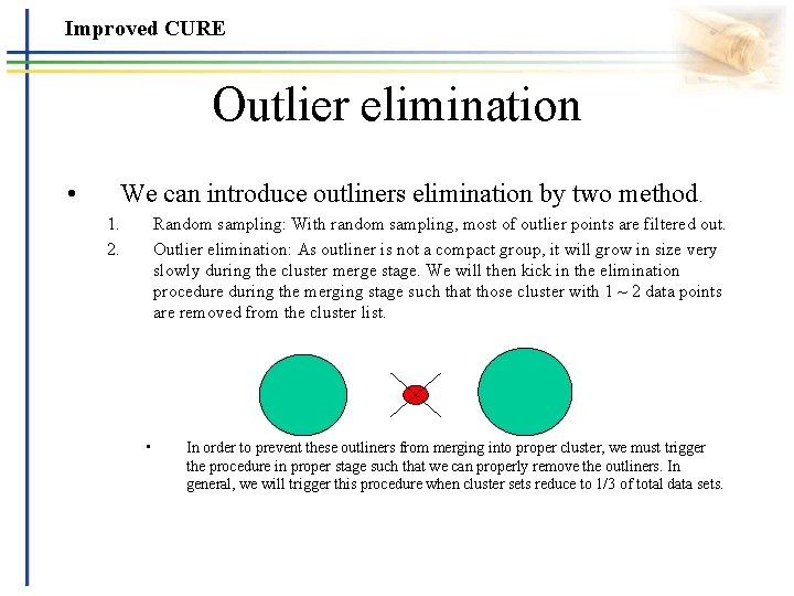Improved CURE Outlier elimination • We can introduce outliners elimination by two method. 1.