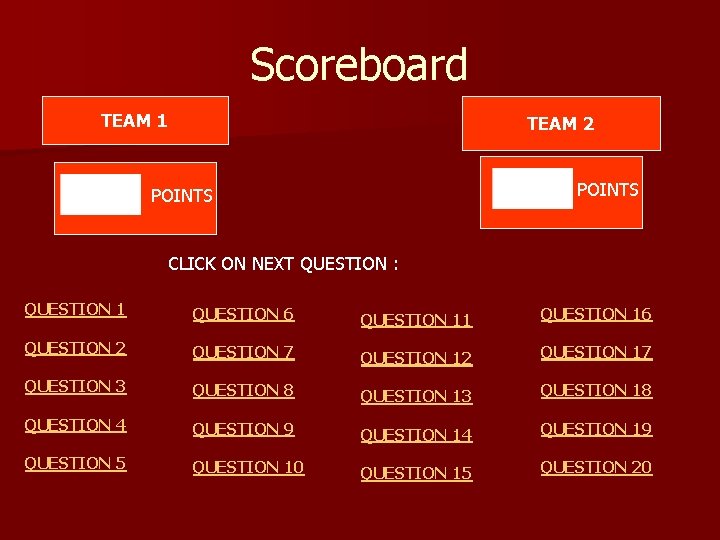 Scoreboard TEAM 1 TEAM 2 POINTS CLICK ON NEXT QUESTION : QUESTION 1 QUESTION