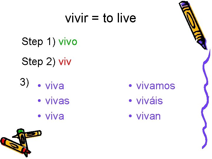 vivir = to live Step 1) vivo Step 2) viv 3) • vivas •