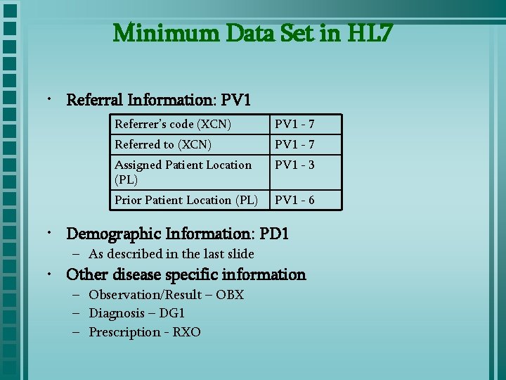 Minimum Data Set in HL 7 • Referral Information: PV 1 Referrer’s code (XCN)
