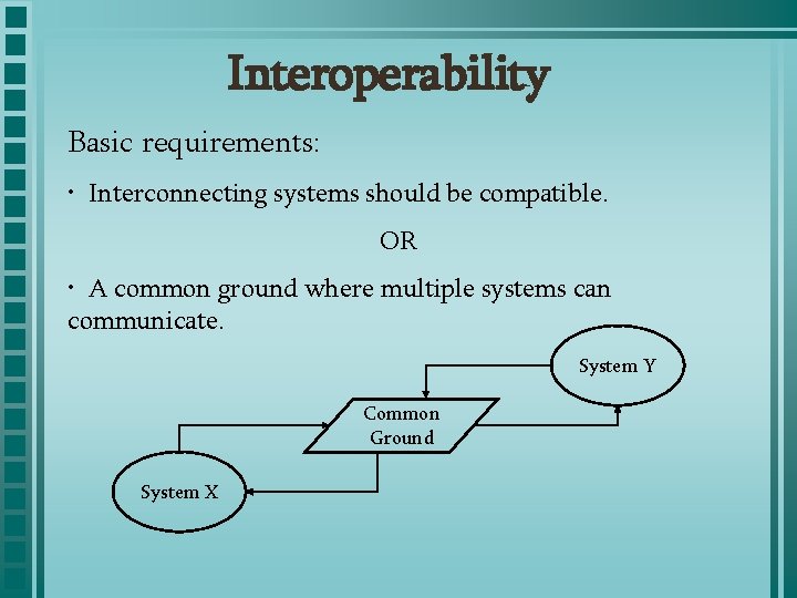 Interoperability Basic requirements: • Interconnecting systems should be compatible. OR • A common ground