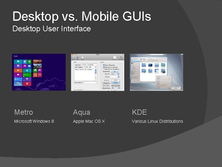 Desktop vs. Mobile GUIs Desktop User Interface Metro Aqua KDE Microsoft Windows 8 Apple