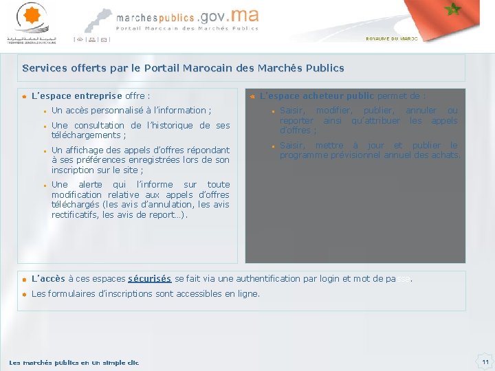 Services offerts par le Portail Marocain des Marchés Publics L’espace entreprise offre : L’espace