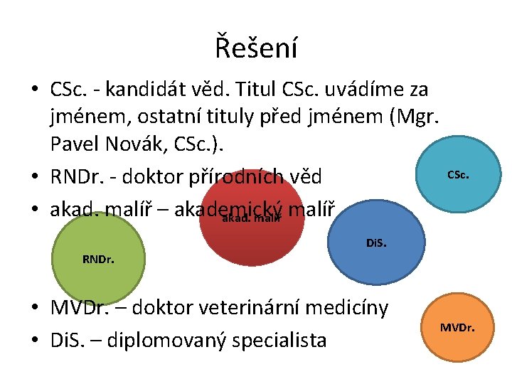 Řešení • CSc. - kandidát věd. Titul CSc. uvádíme za jménem, ostatní tituly před