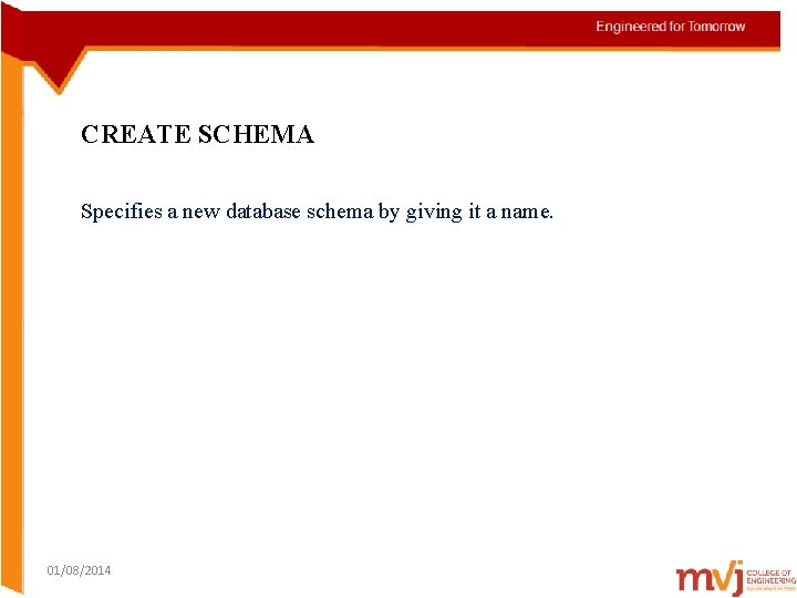 CREATE SCHEMA Specifies a new database schema by giving it a name. 01/08/2014 