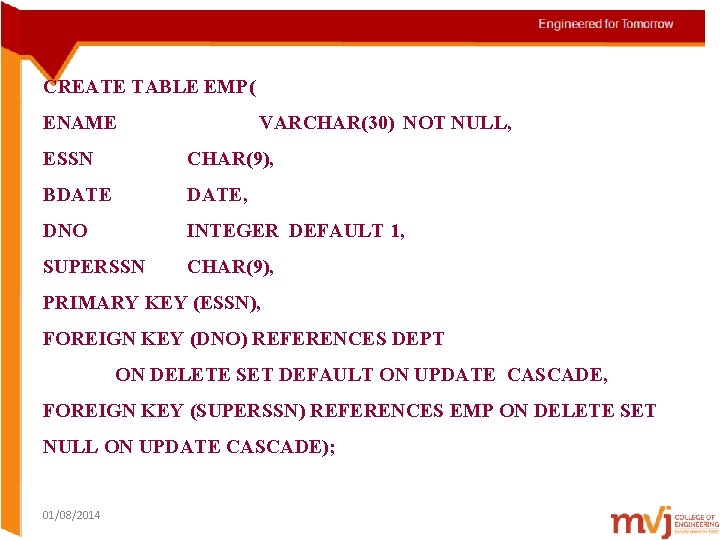 CREATE TABLE EMP( ENAME VARCHAR(30) NOT NULL, ESSN CHAR(9), BDATE, DNO INTEGER DEFAULT 1,