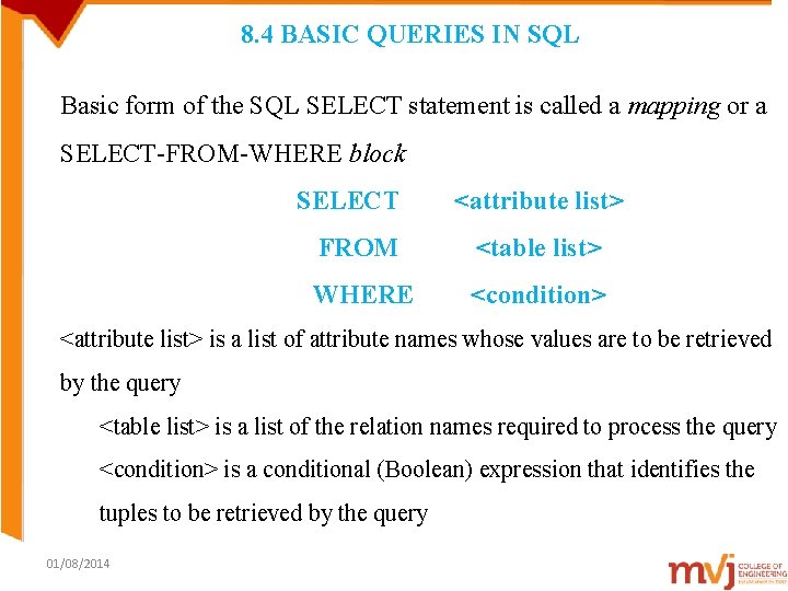 8. 4 BASIC QUERIES IN SQL Basic form of the SQL SELECT statement is