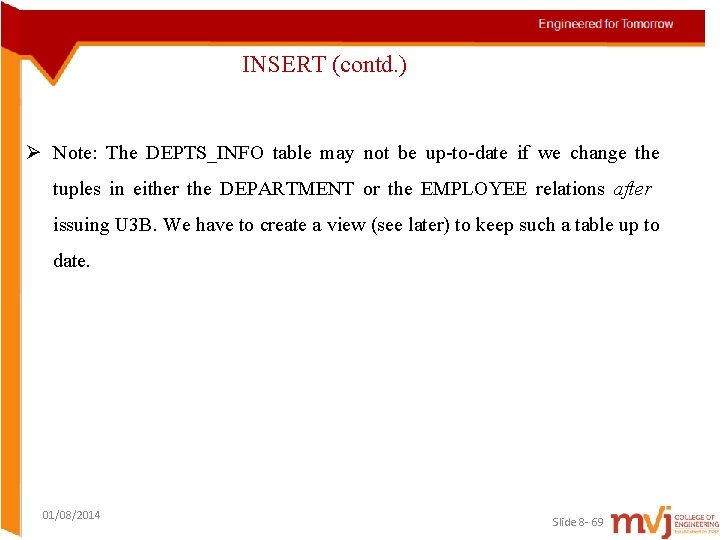 INSERT (contd. ) Ø Note: The DEPTS_INFO table may not be up-to-date if we