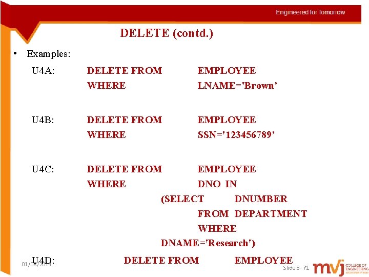 DELETE (contd. ) • Examples: U 4 A: DELETE FROM WHERE EMPLOYEE LNAME='Brown’ U
