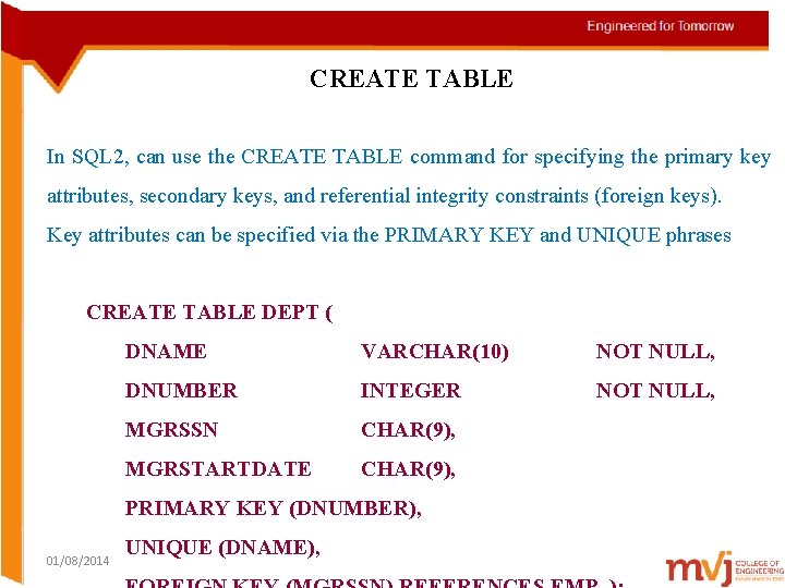 CREATE TABLE In SQL 2, can use the CREATE TABLE command for specifying the