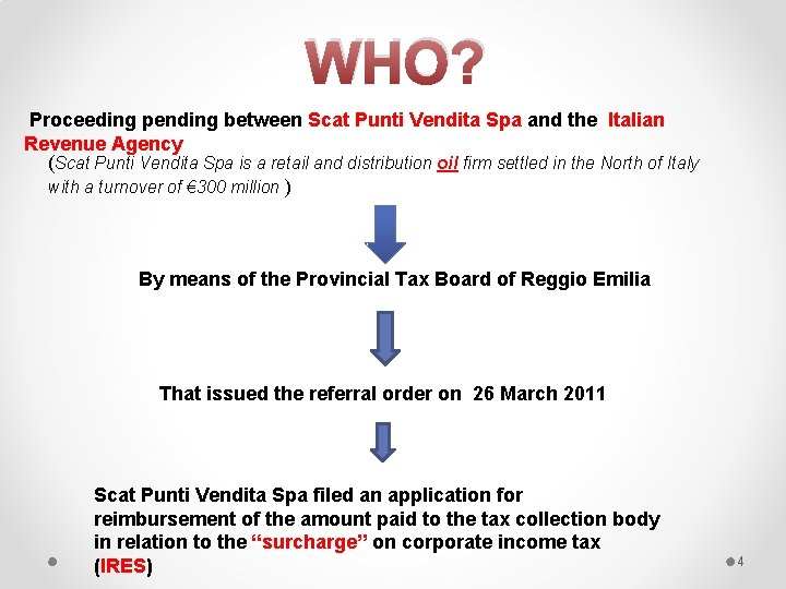 WHO? Proceeding pending between Scat Punti Vendita Spa and the Italian Revenue Agency (Scat