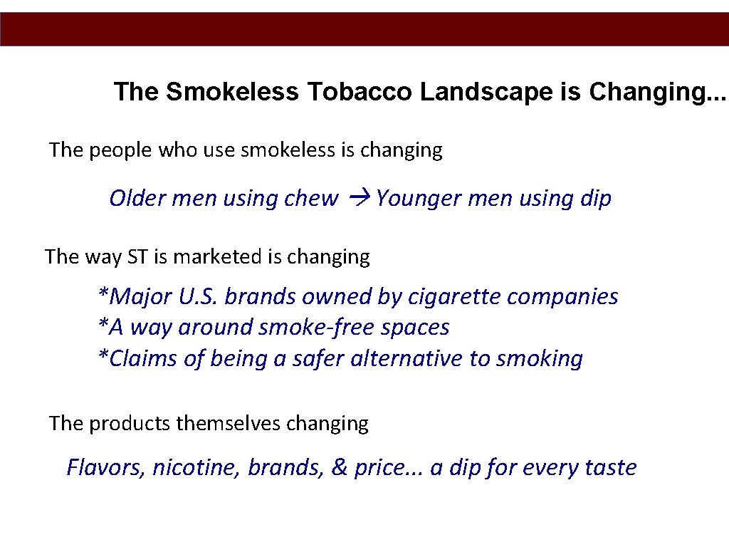 The Smokeless Tobacco Landscape is Changing. . . The people who use smokeless is
