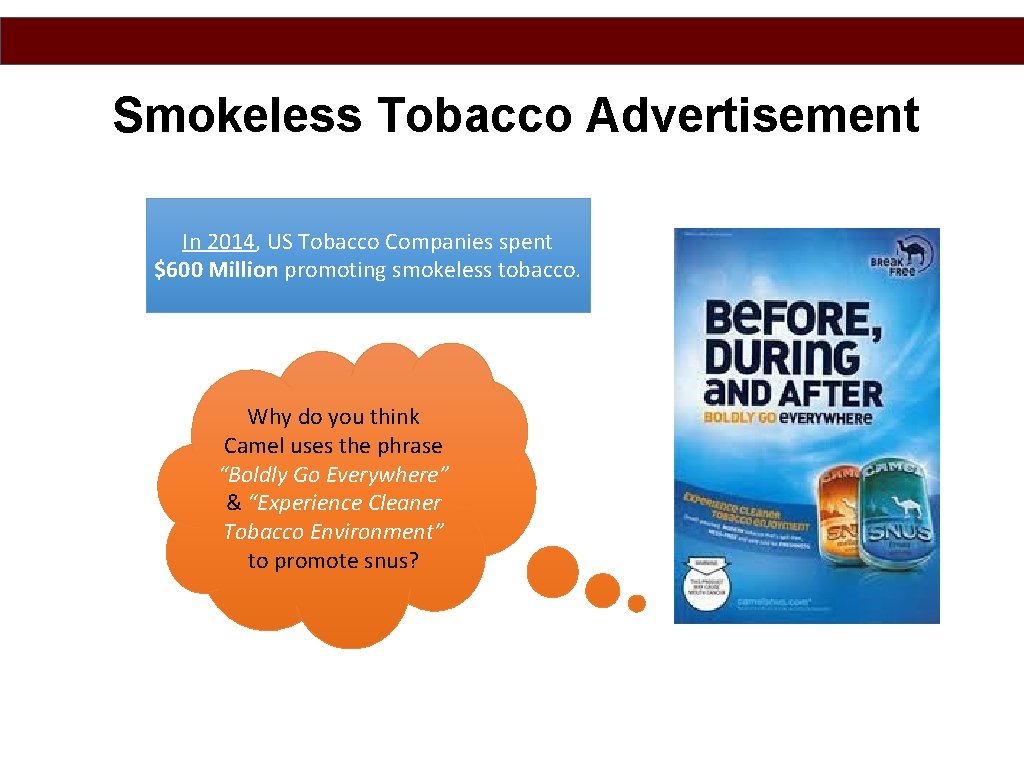 Smokeless Tobacco Advertisement In 2014, US Tobacco Companies spent $600 Million promoting smokeless tobacco.