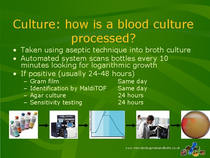 Culture: how is a blood culture processed? • Taken using aseptic technique into broth