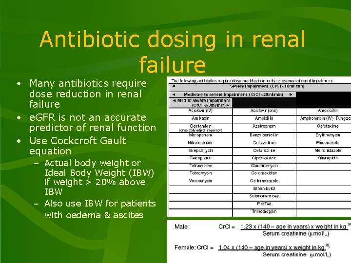 Antibiotic dosing in renal failure • Many antibiotics require dose reduction in renal failure