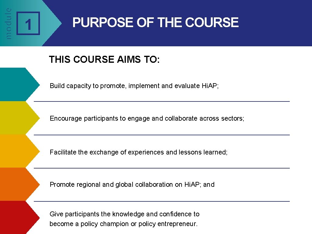 1 PURPOSE OF THE COURSE THIS COURSE AIMS TO: Build capacity to promote, implement