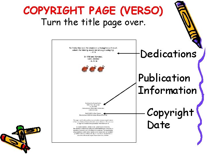 COPYRIGHT PAGE (VERSO) Turn the title page over. Dedications Publication Information Copyright Date 