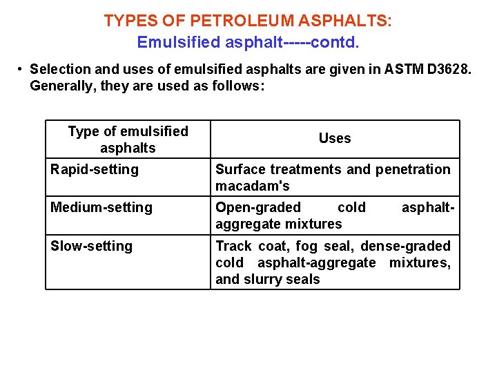 TYPES OF PETROLEUM ASPHALTS: Emulsified asphalt-----contd. • Selection and uses of emulsified asphalts are