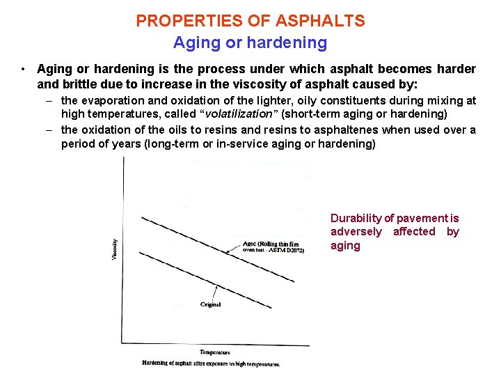 PROPERTIES OF ASPHALTS Aging or hardening • Aging or hardening is the process under