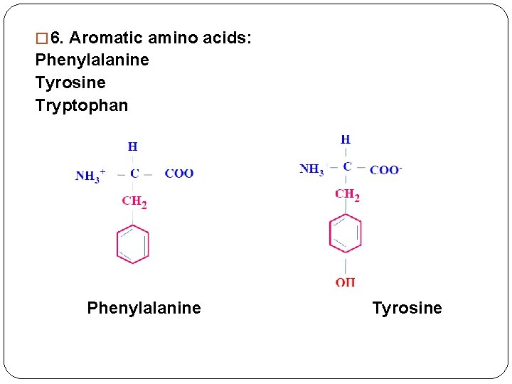 � 6. Aromatic amino acids: Phenylalanine Tyrosine Tryptophan Phenylalanine Tyrosine 