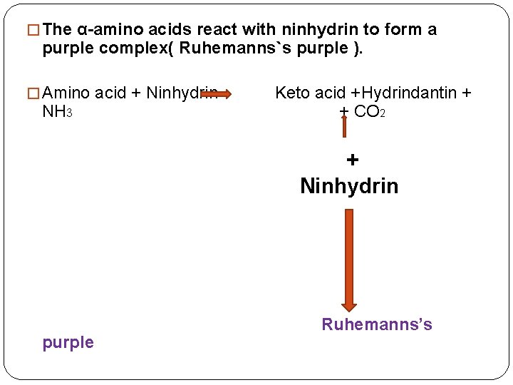 � The α-amino acids react with ninhydrin to form a purple complex( Ruhemanns`s purple