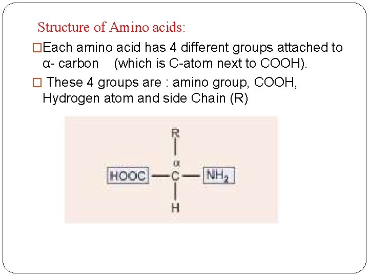 Structure of Amino acids: �Each amino acid has 4 different groups attached to α-