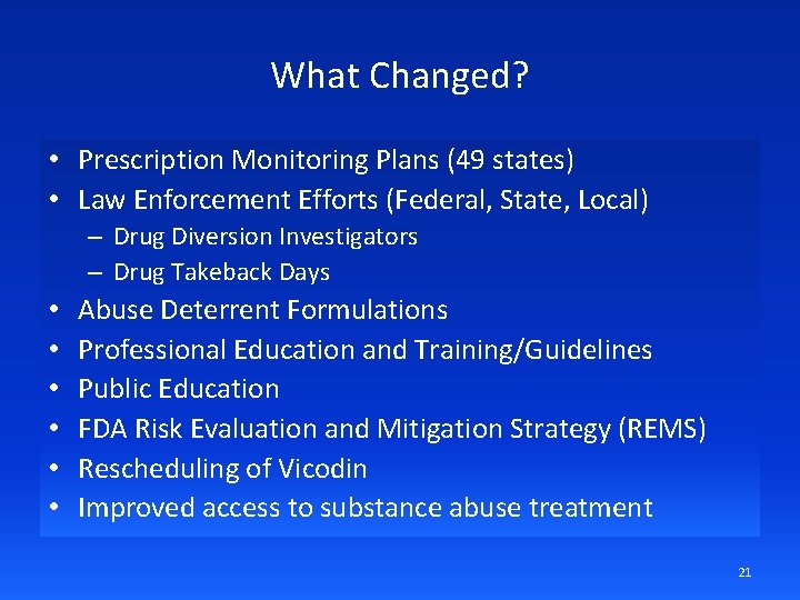 What Changed? • Prescription Monitoring Plans (49 states) • Law Enforcement Efforts (Federal, State,