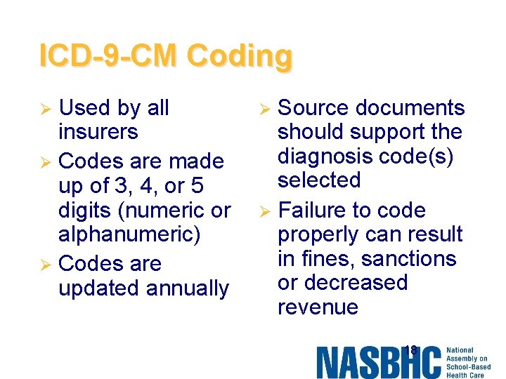 ICD-9 -CM Coding Used by all insurers Ø Codes are made up of 3,