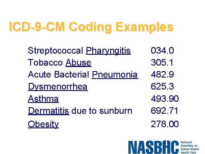 ICD-9 -CM Coding Examples Streptococcal Pharyngitis Tobacco Abuse Acute Bacterial Pneumonia Dysmenorrhea Asthma Dermatitis