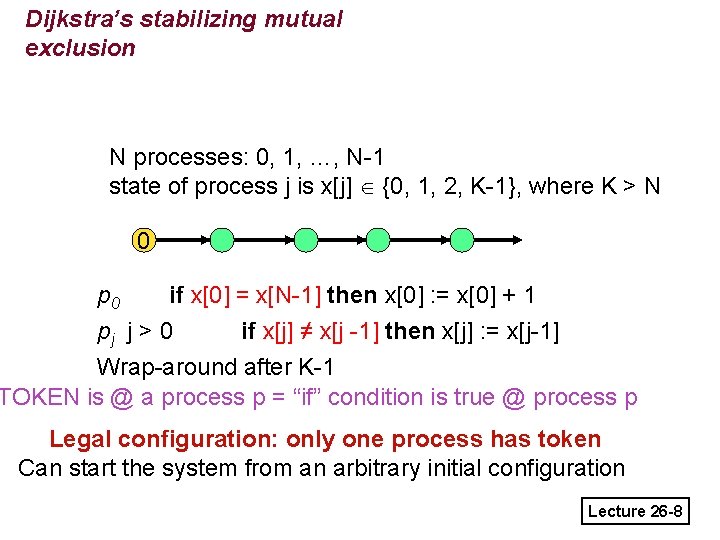 Dijkstra’s stabilizing mutual exclusion N processes: 0, 1, …, N-1 state of process j