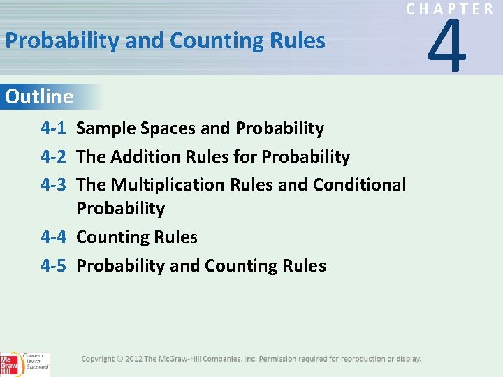 4 CHAPTER Probability and Counting Rules Outline 4 -1 Sample Spaces and Probability 4