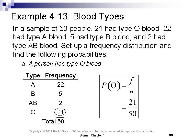 Example 4 -13: Blood Types In a sample of 50 people, 21 had type