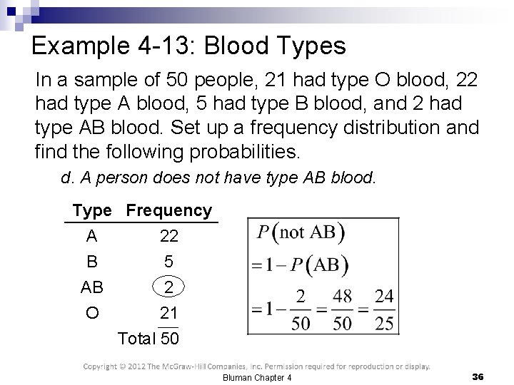 Example 4 -13: Blood Types In a sample of 50 people, 21 had type