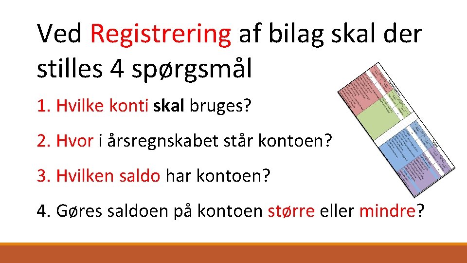 Ved Registrering af bilag skal der stilles 4 spørgsmål 1. Hvilke konti skal bruges?