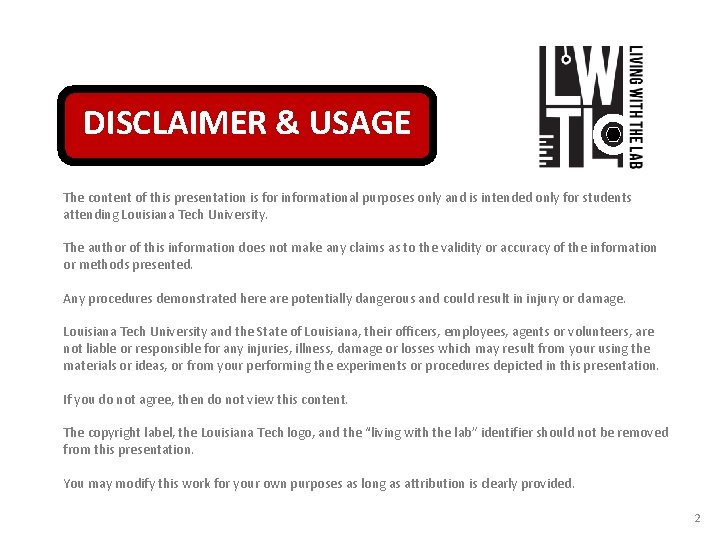 DISCLAIMER & USAGE The content of this presentation is for informational purposes only and DISCLAIMER & USAGE The content of this presentation is for informational purposes only and